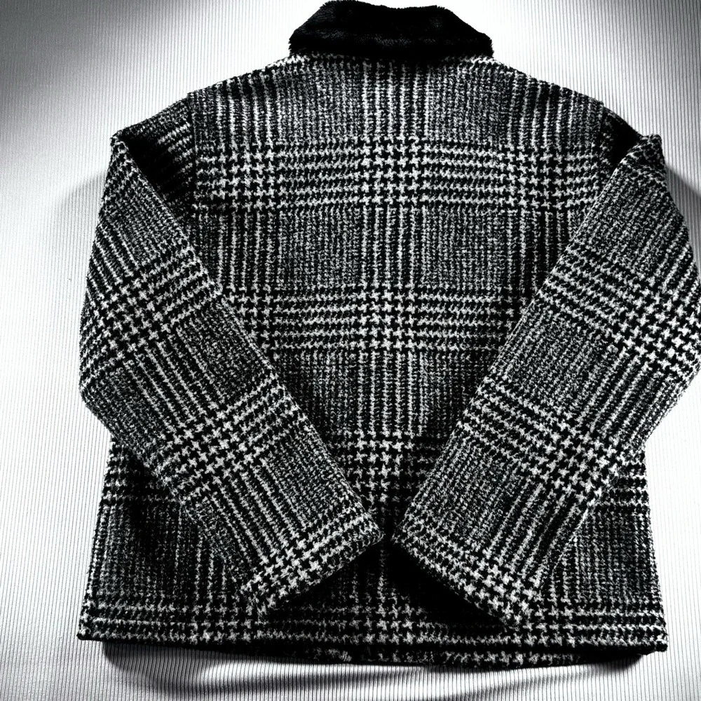 VTG Talbots Houndstooth Full‎ Zip Jacket W/ Faux Fur Collar M Black/ White